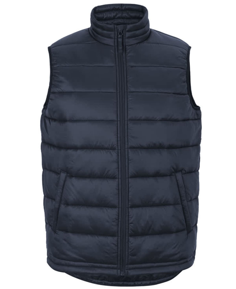 A dark navy puffer vest with a high collar, front zip, and side pockets. It features a logo on the front.
