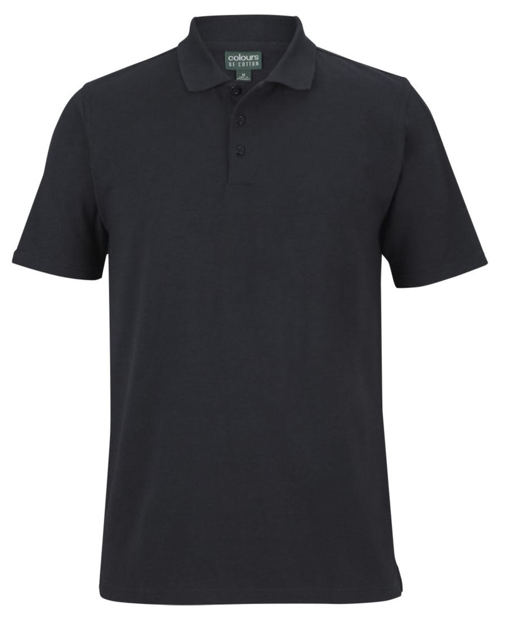 A black short-sleeved polo shirt with a collar and a logo on the chest area.