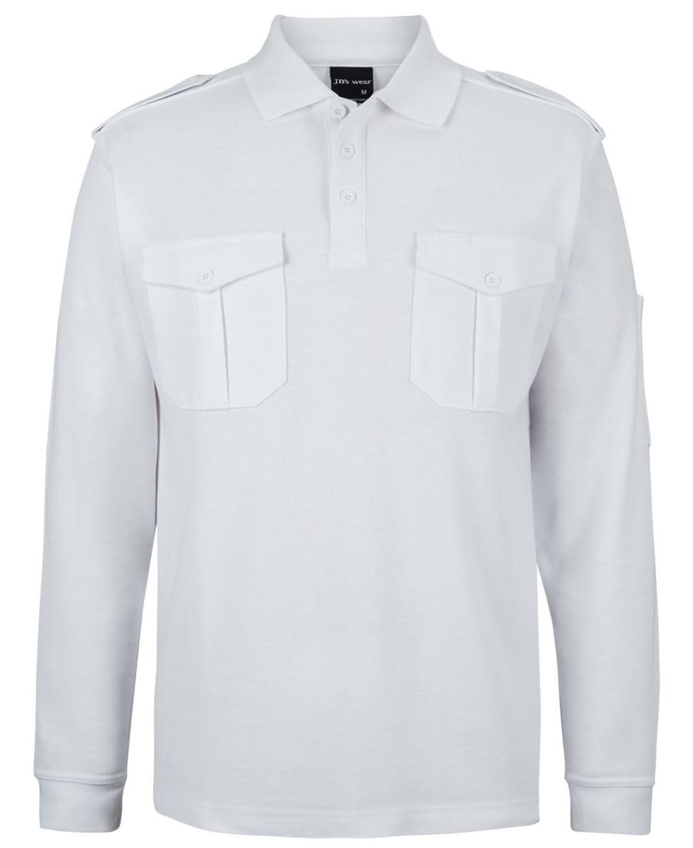 A white long-sleeve polo shirt with epaulettes and two chest pockets. It features a logo on the collar.