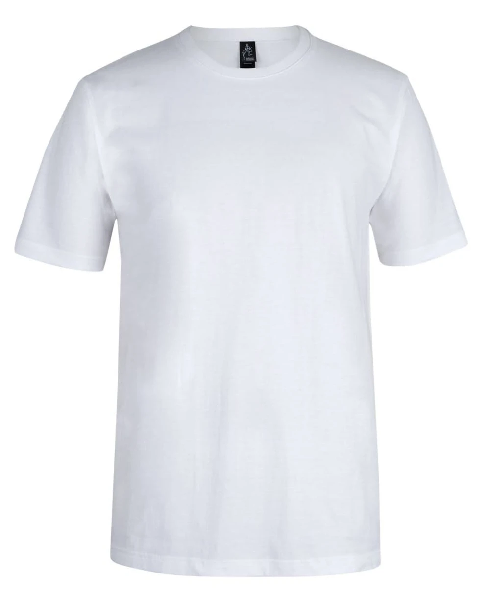 A white unisex T-shirt with short sleeves and a label inside. It has a simple design and is suitable for various occasions.