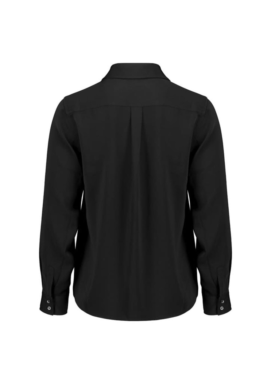 A black long sleeve shirt with a collar and buttoned cuffs, featuring a pleated back design.
