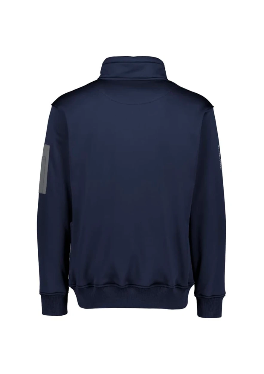 A navy unisex 1/4 zip pullover with a water-resistant fabric and shoulder patch. Features a logo.