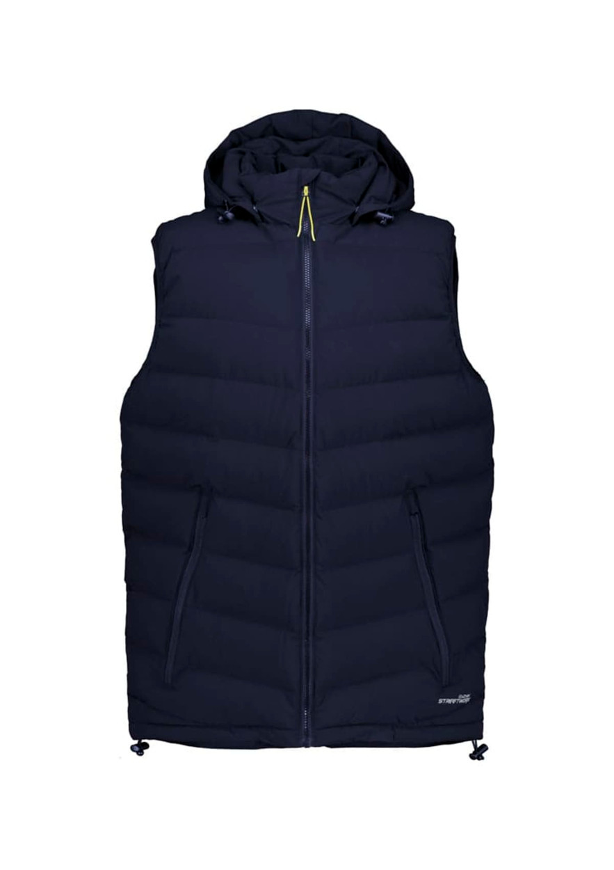 A navy unisex hooded puffer vest with a front zip and two side pockets. Features a logo on the upper.
