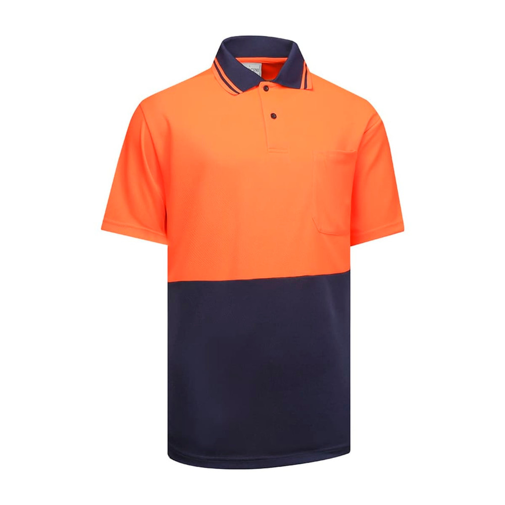 A two-tone safety polo in hi-vis orange and navy, featuring a collar and a pocket, with a logo.