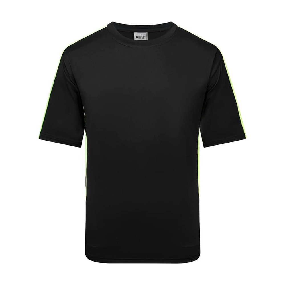 A black t-shirt with short sleeves featuring green accents and a brand logo.