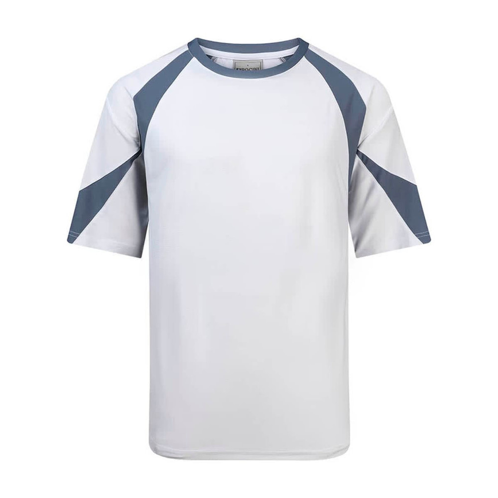 A three-tone contrast sports tee in white with grey accents and short sleeves. It features a logo on the front.
