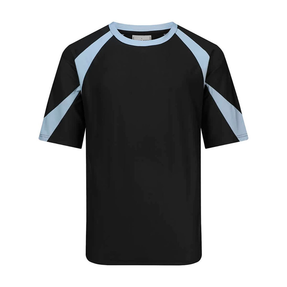 A black sports tee with light blue contrast sleeves and a logo on the front.