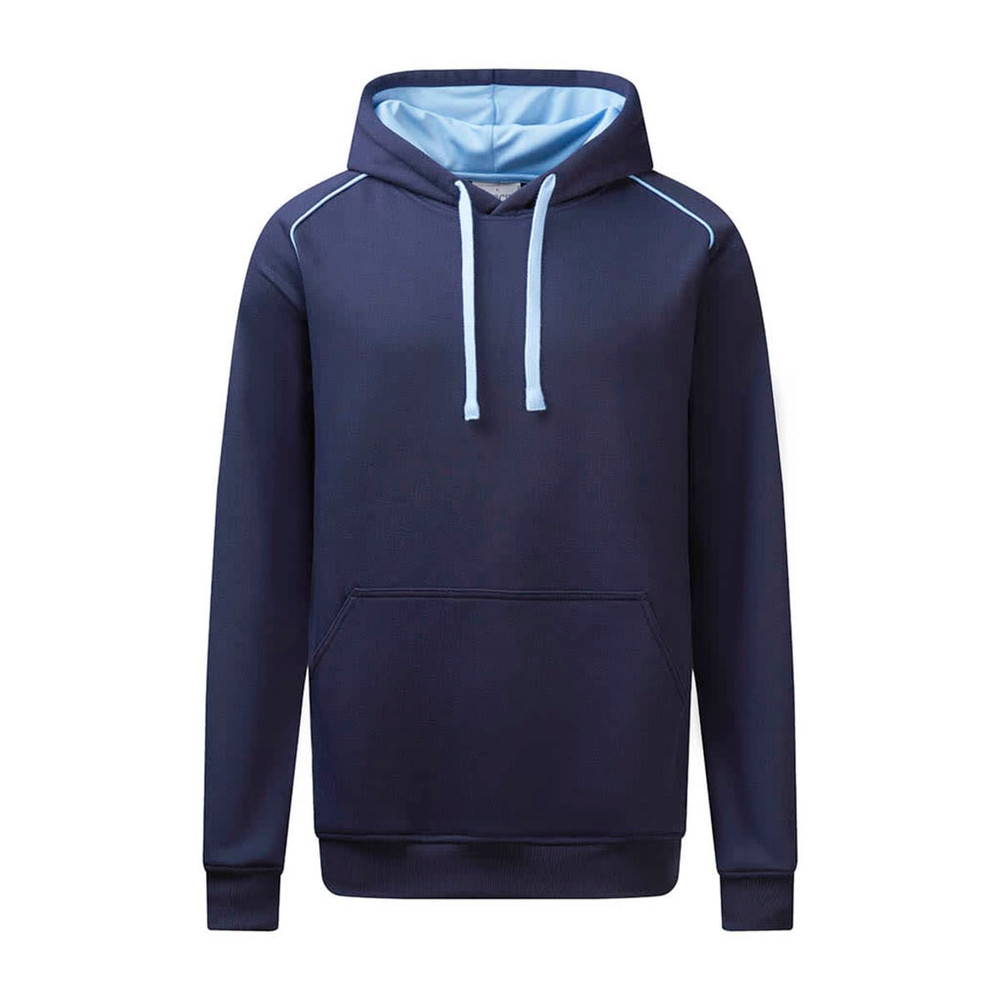 A navy hoodie with a light blue inner lining and contrasting stitching, featuring a front pocket and a hood.