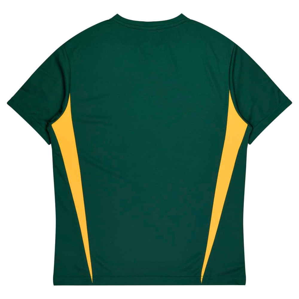 A green and yellow men's t-shirt featuring a back design with contrasting side panels. It includes a logo.