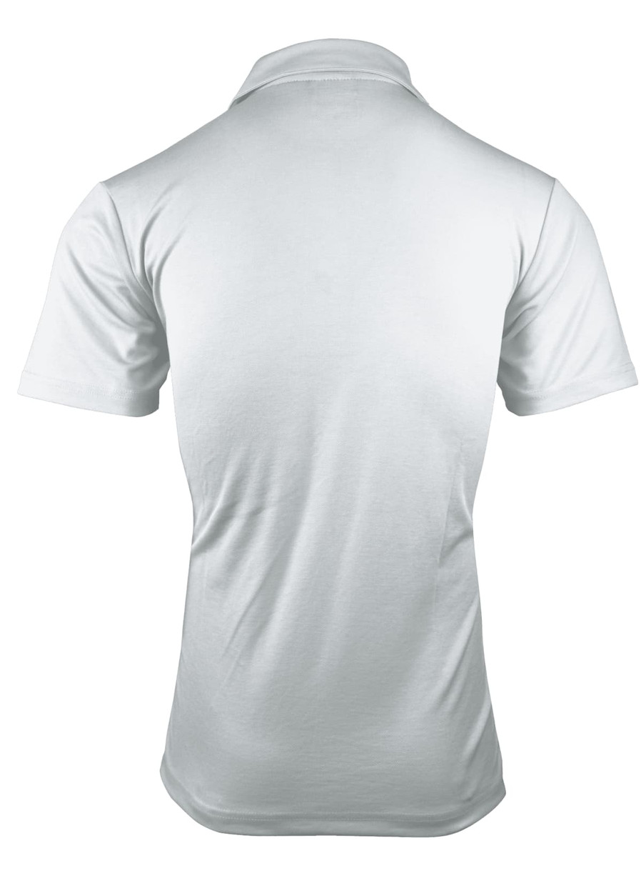 A light-coloured men's polo shirt with a classic collar and short sleeves, featuring a logo on the back.
