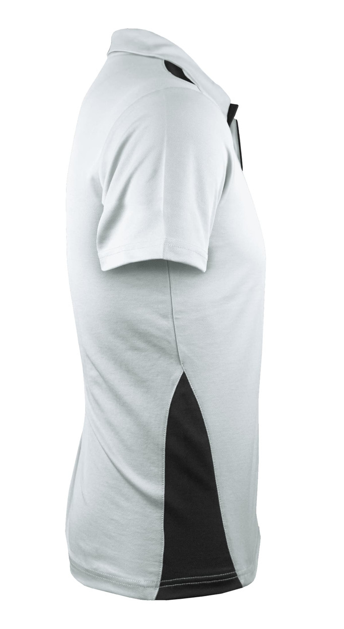 A light grey polo shirt with black accents, featuring short sleeves and a collar, including a logo.