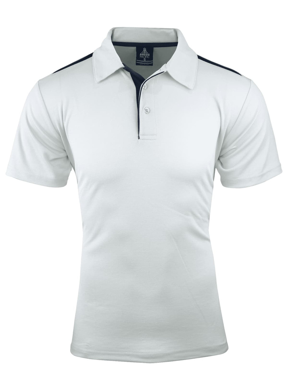 A men's polo shirt in white with navy accents, featuring a collar and three buttons, and a logo on the chest.