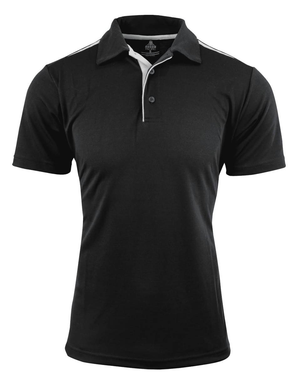 A black polo shirt with white accents and a three-button placket. Features a logo on the chest.