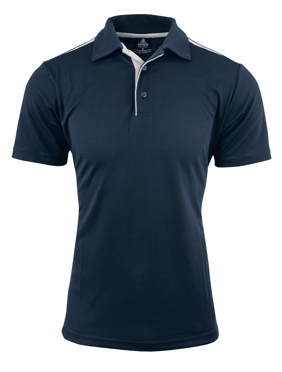 A navy blue polo shirt with a two-button placket and contrasting collar, featuring a logo.