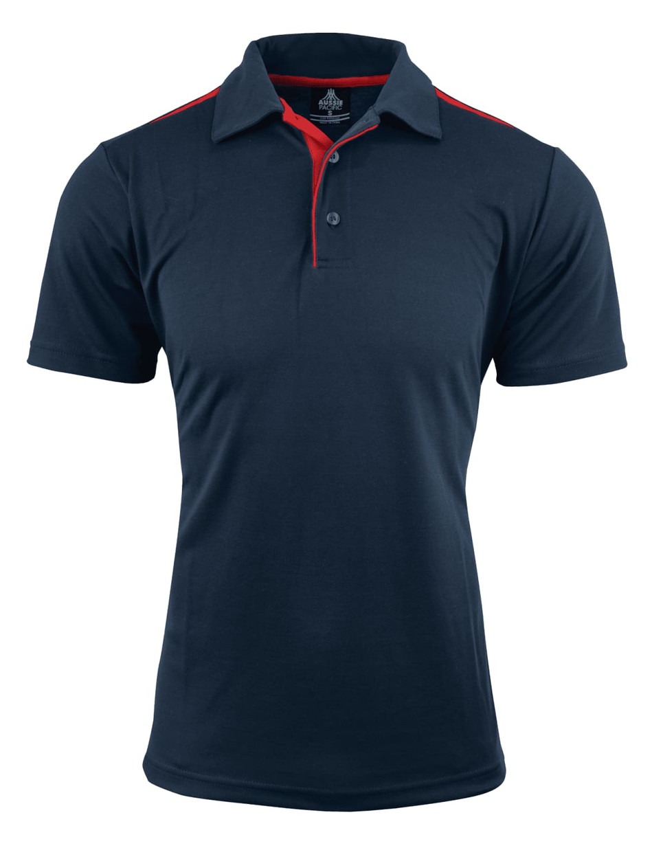 A navy blue polo shirt with red accents, featuring a collar, three buttons, and a logo.