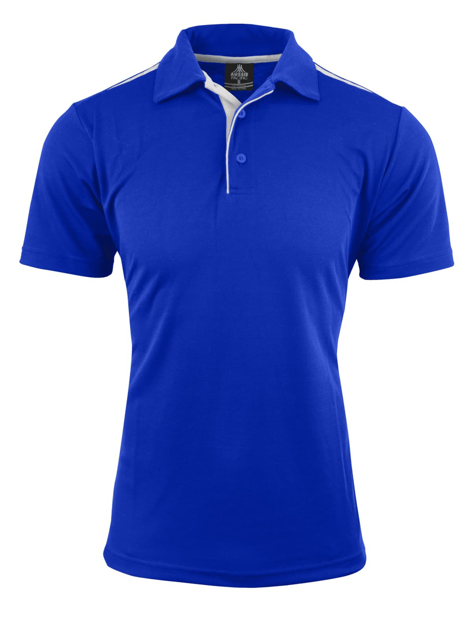 A blue men's polo shirt with a three-button placket and contrasting collar, featuring a logo on the chest.