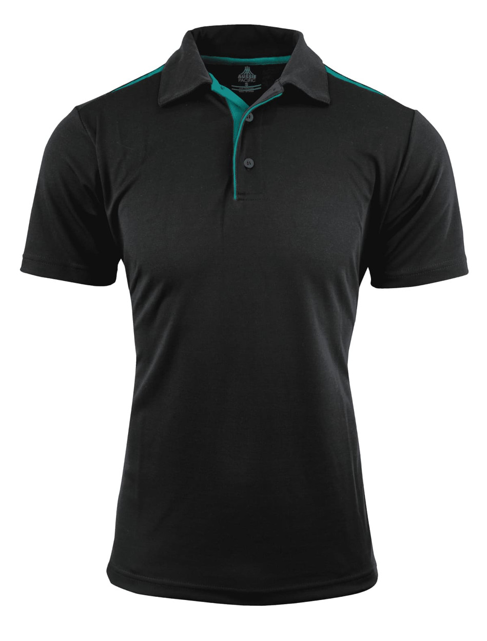 A black polo shirt featuring teal detailing and a collar, with a logo on the upper area.
