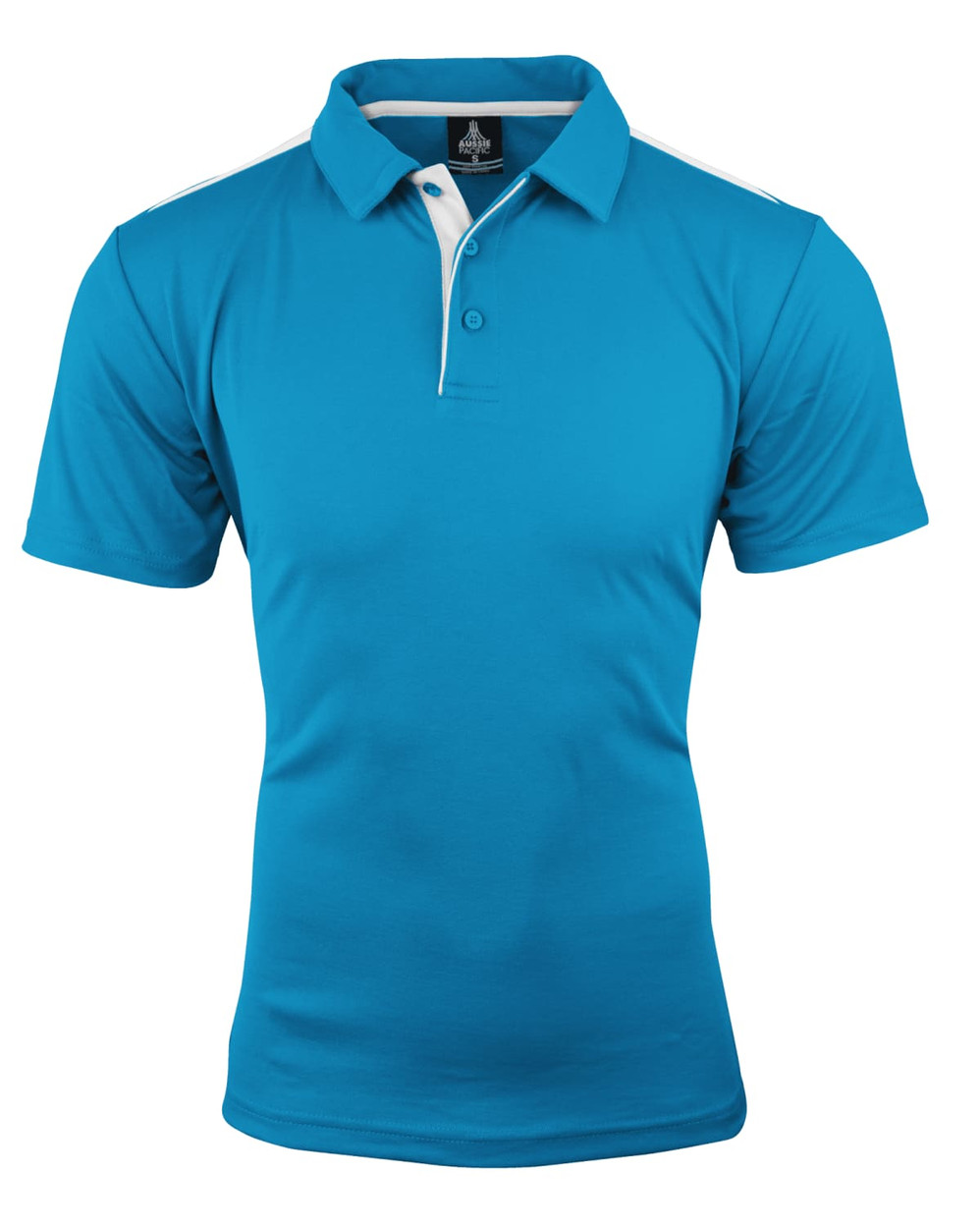A turquoise polo shirt with a white collar and shoulder accents, featuring a logo on the front.