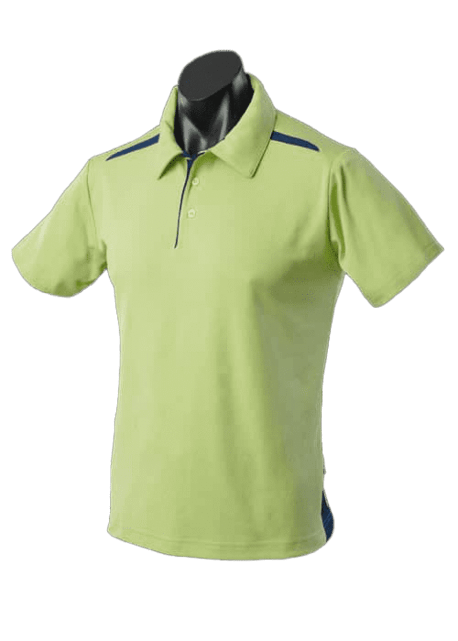 A lime green polo shirt with a collar and short sleeves, featuring blue accents and a logo.