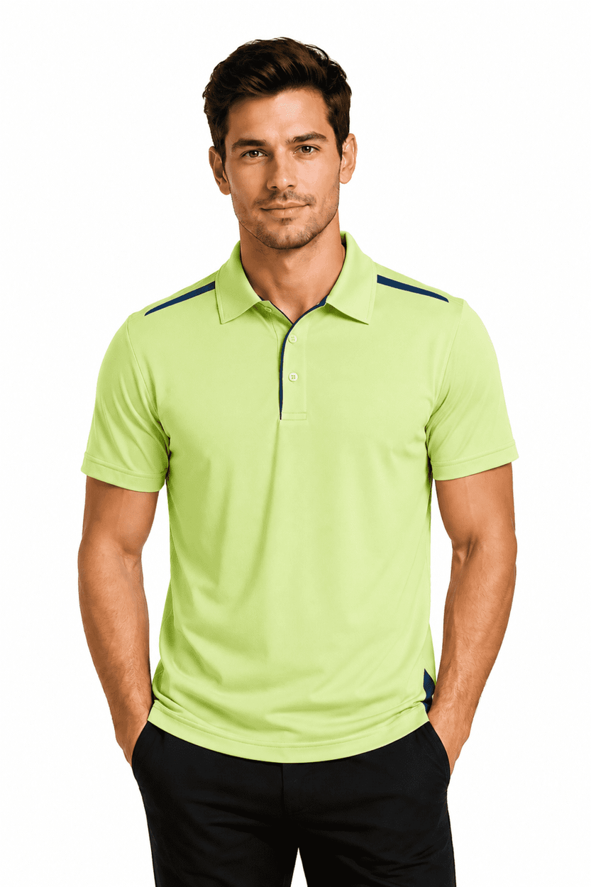 A light green polo shirt with a collar, featuring a logo and contrasting navy accents on the shoulders.
