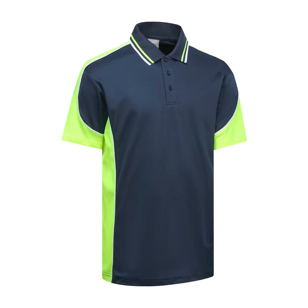 A polo shirt featuring a navy blue body with vibrant green side panels and collar accents. It has a logo on it.