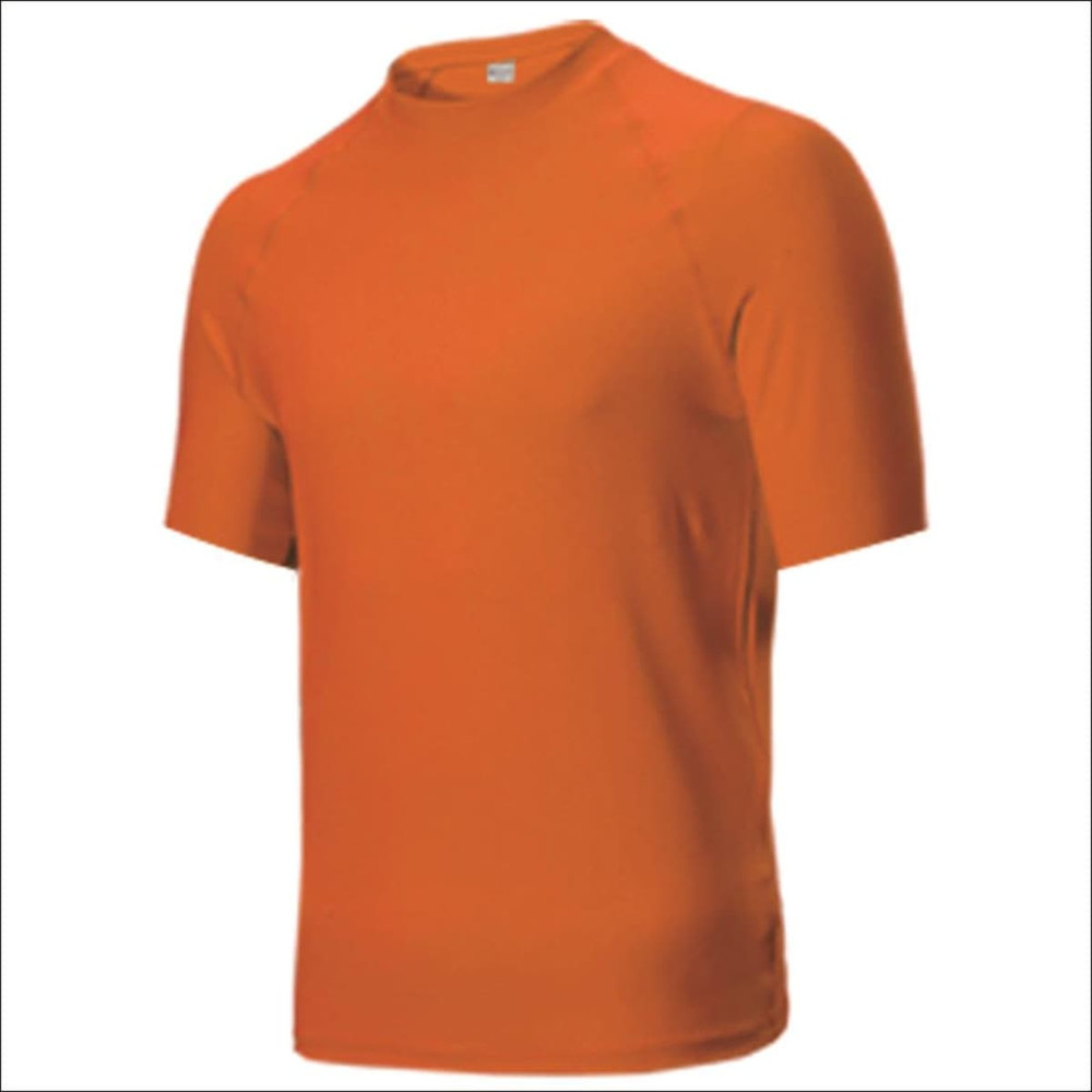 An orange short sleeve rashie with a smooth fabric texture and a simple design. It features a logo on the side.