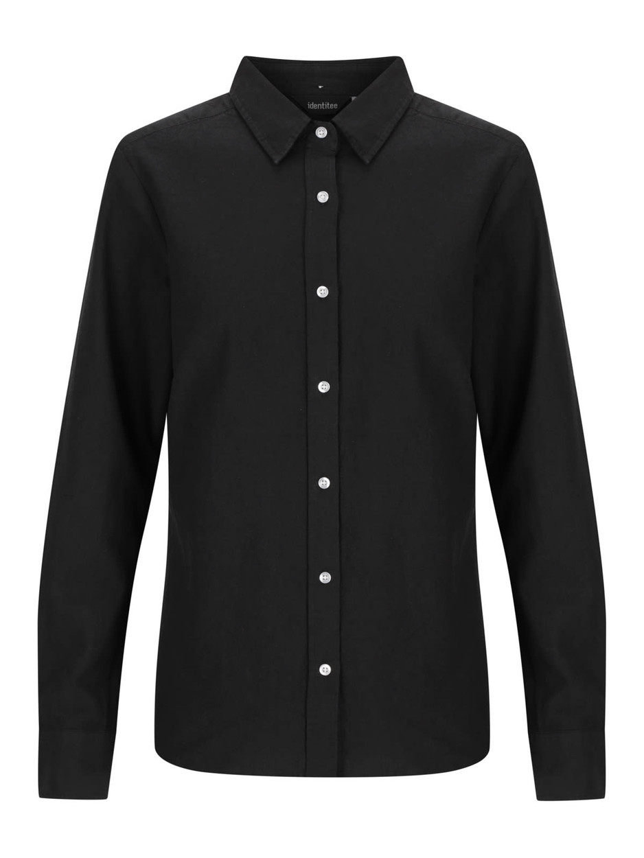 A black ladies' long sleeve button-up shirt featuring a collar and front button closure, with a logo visible.