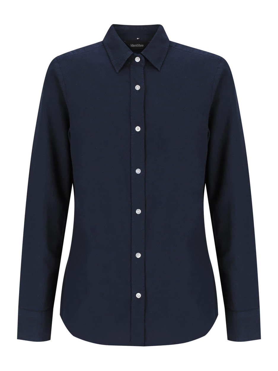 A navy ladies long sleeve button-up shirt featuring buttons and a crisp collar. Includes a logo.