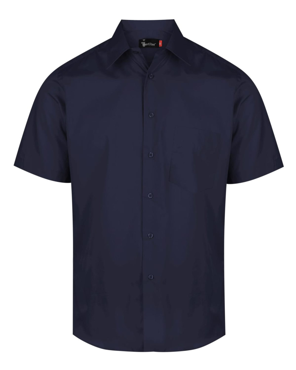 A navy blue short-sleeve button-up shirt with a collar and a logo on the label.