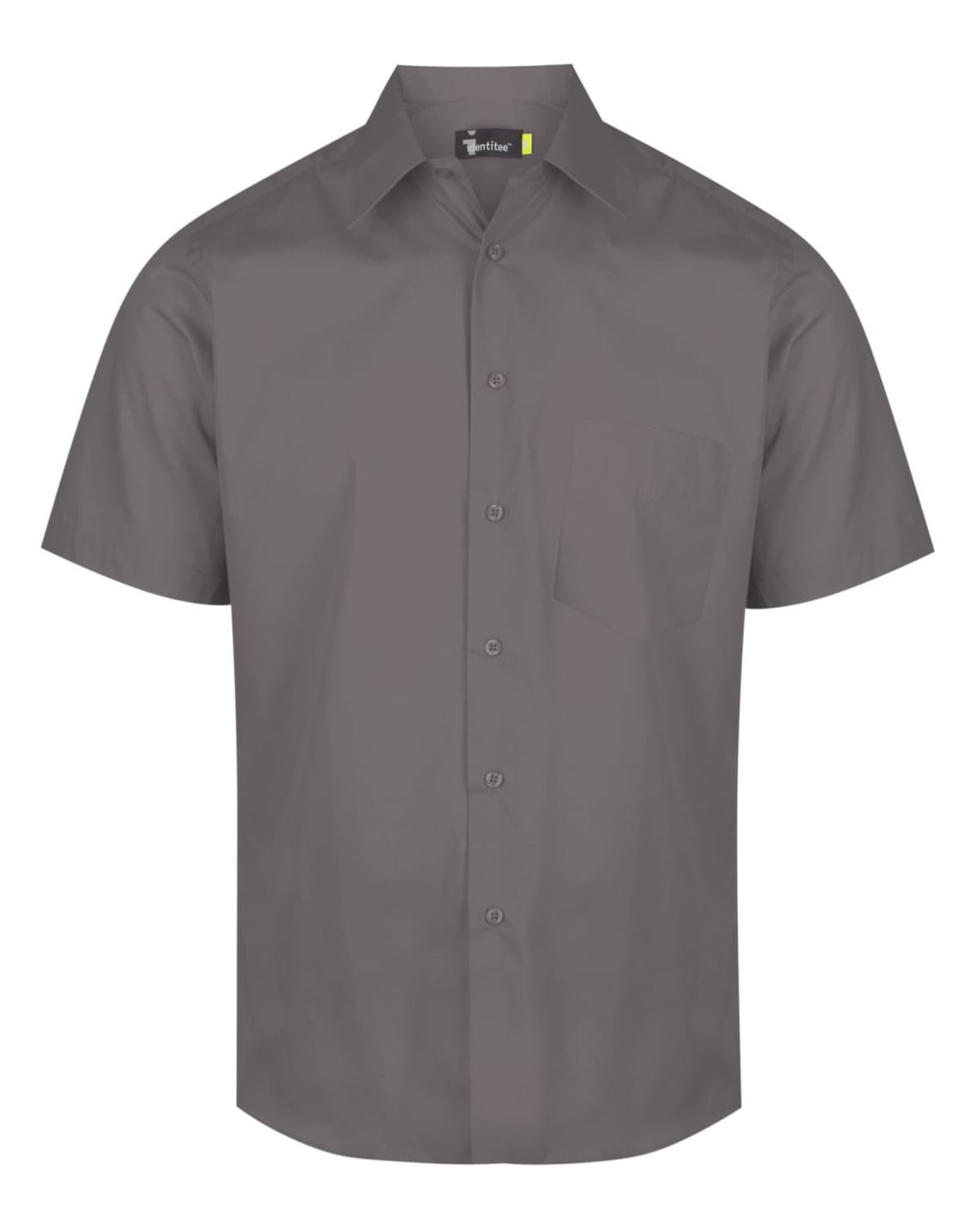 A grey short sleeve button-up shirt featuring a chest pocket and a logo on the collar.