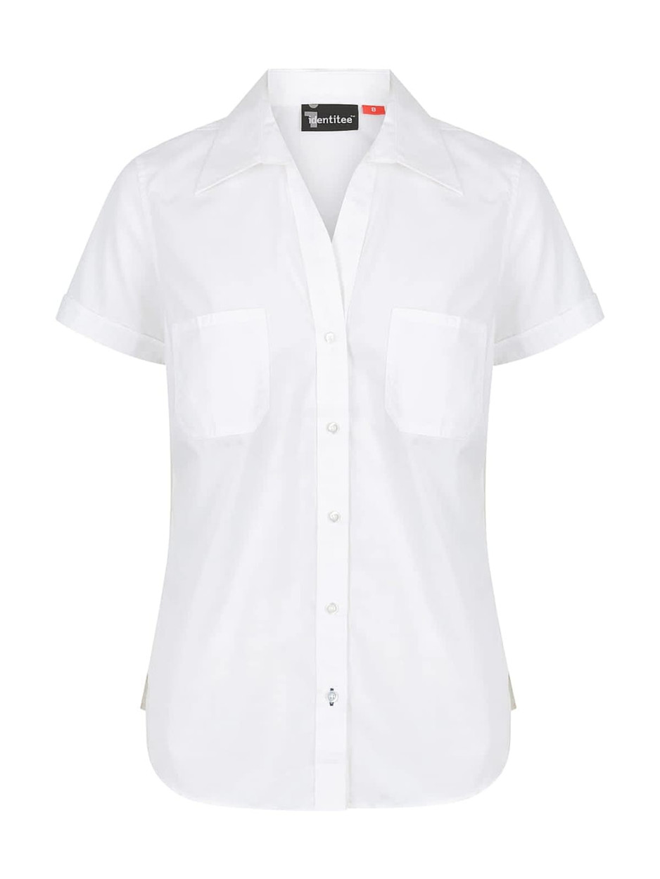 A white ladies' short sleeve button-up shirt featuring two chest pockets and a branded label.