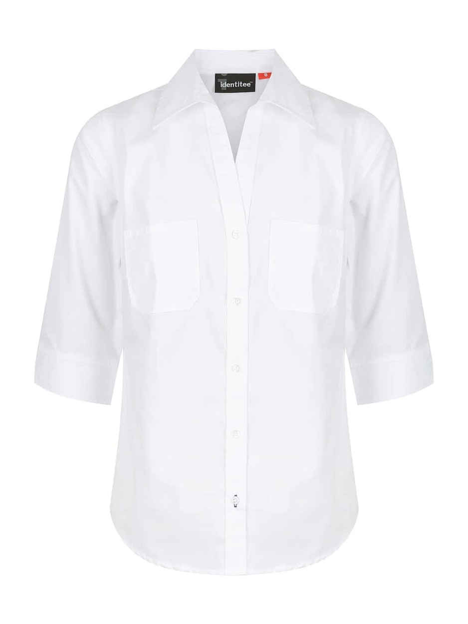 A white ladies' 3/4 sleeve button-up shirt with two chest pockets and a collar. It features a logo on the tag.