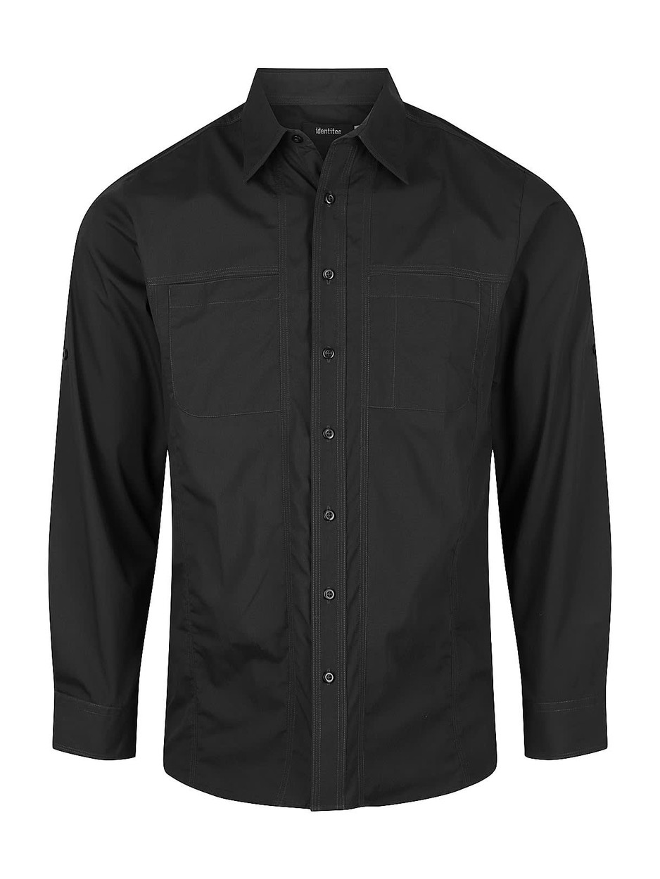 A black long sleeve button-up shirt with two chest pockets and a logo on one sleeve.