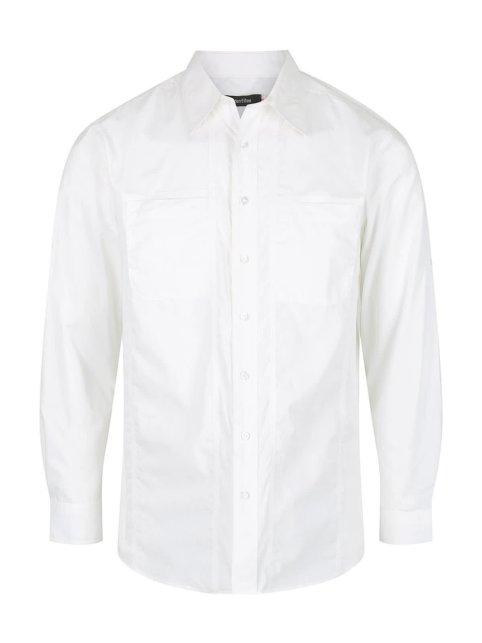A white long sleeve button-up shirt with two chest pockets and a collar. Features branding on the label.