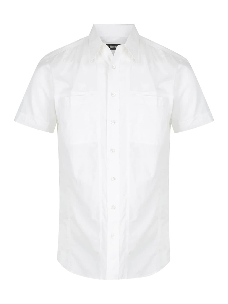 White short sleeve button-up shirt featuring two chest pockets and a logo on the label.