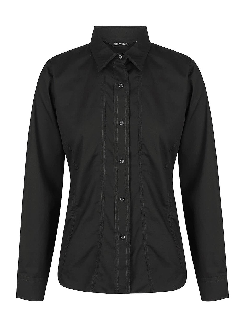 Black ladies long sleeve button-up shirt featuring a fitted design and a front placket with buttons.
