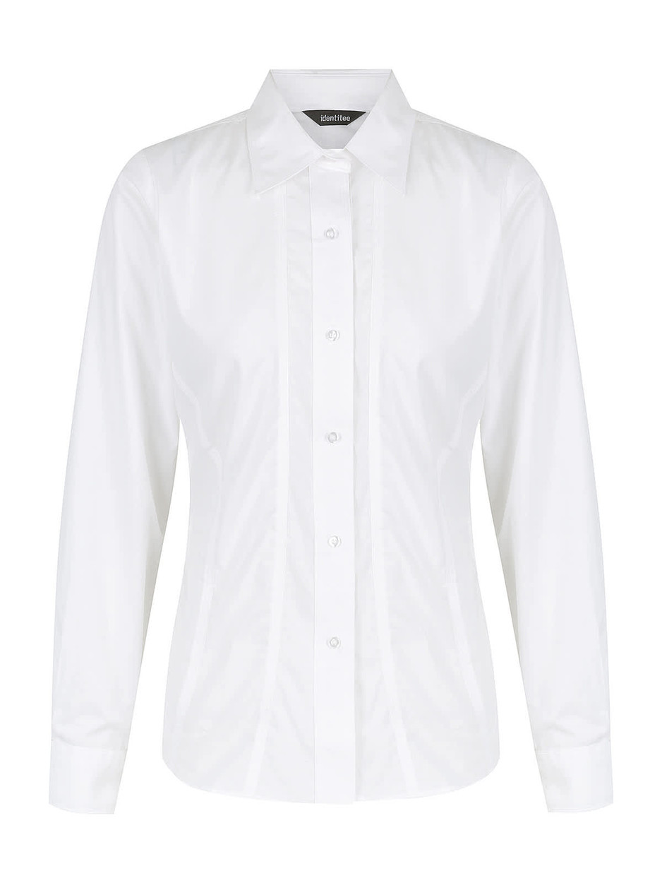 A white long sleeve button-up shirt for ladies, featuring a classic collar and a fitted design.