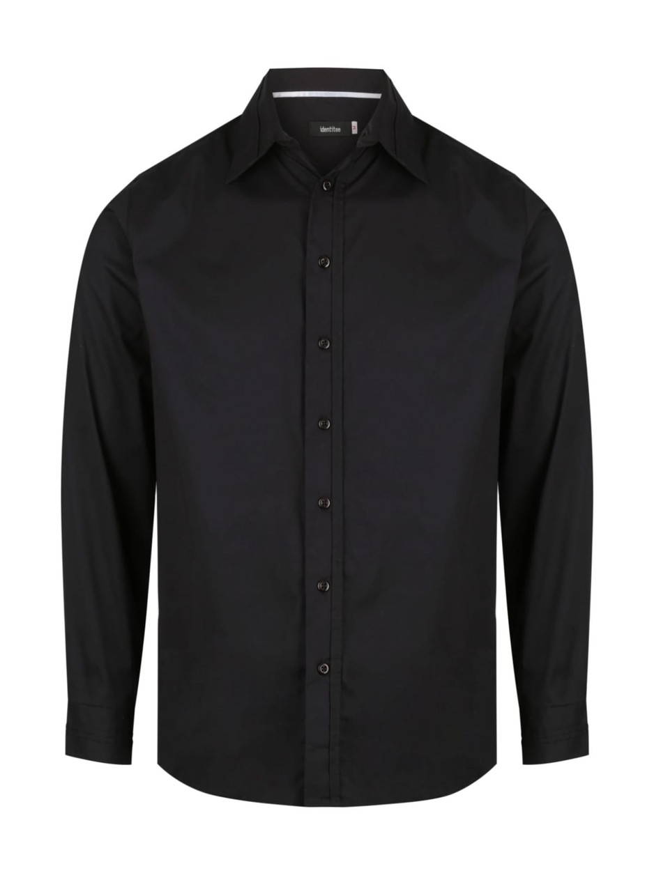A black long sleeve button-up shirt featuring a classic collar and front buttons. It has a logo on the label.