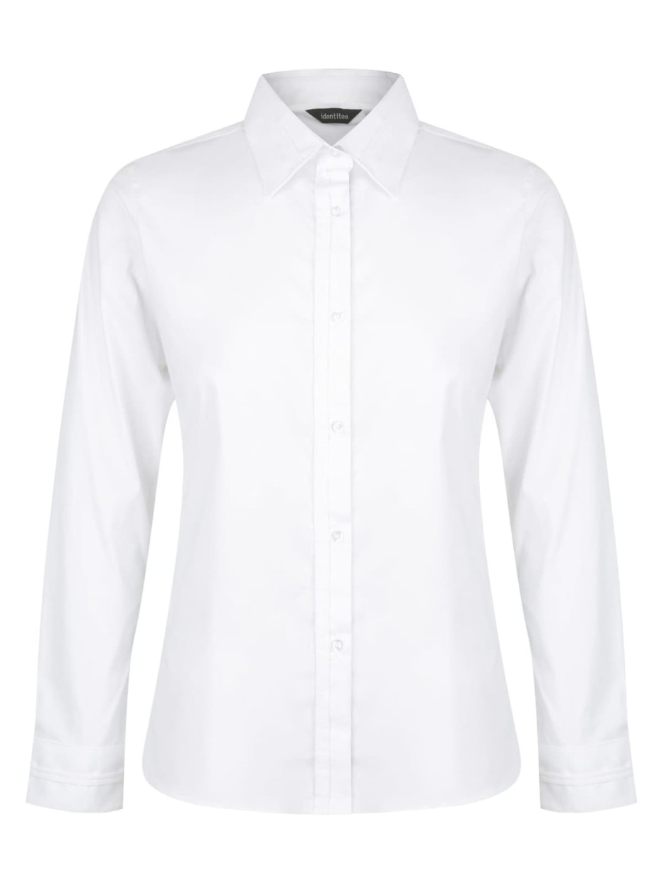 A white ladies' long sleeve button-up shirt featuring a collar and button closure, with a logo on the label.