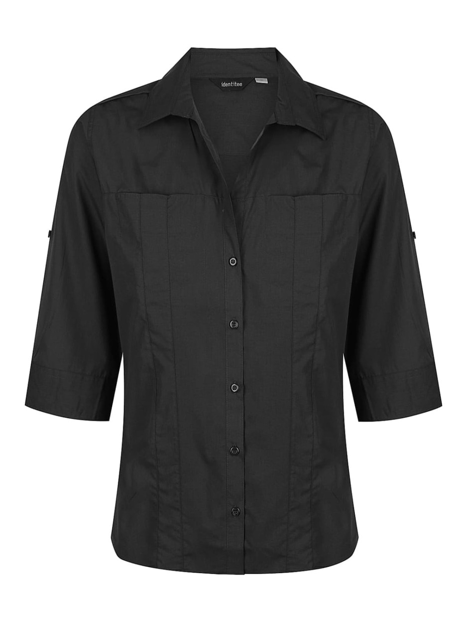 A black ladies' 3/4 sleeve button-up shirt with a collar and decorative sleeve tabs. It features a logo.