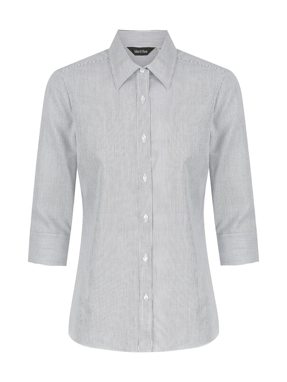 A ladies' 3/4 sleeve button-up shirt in a striped pattern featuring a classic collar and a fitted design.