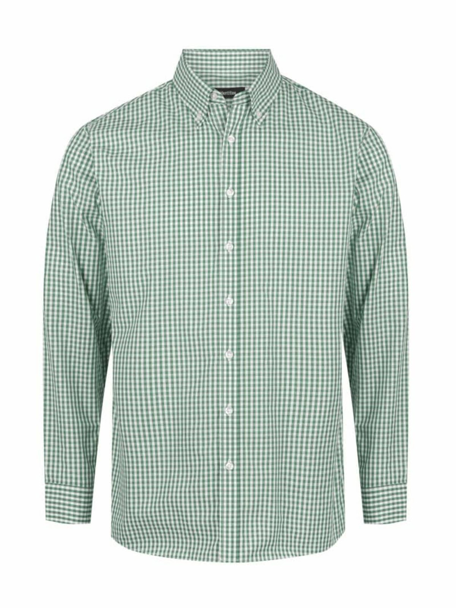 A green and white checked long sleeve button-up shirt with a collar and a branding logo.