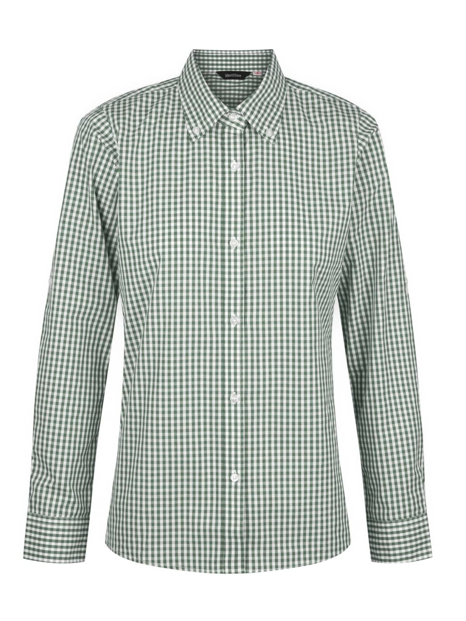 A green and white checked long sleeve button-up shirt featuring a collar and a logo.