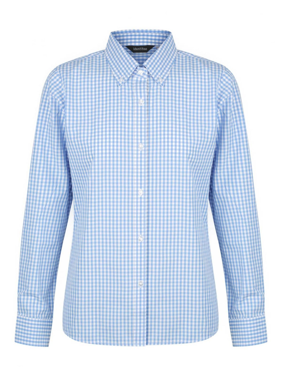 A blue and white checkered long sleeve button-up shirt with a collar and a logo on the chest.