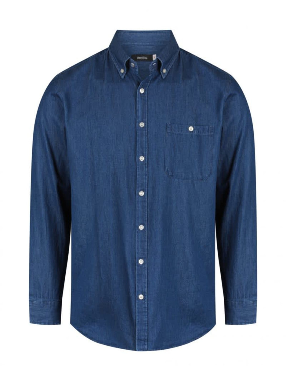 A men's long sleeve button-up shirt in deep blue denim with a front pocket and a collar. Features a logo.