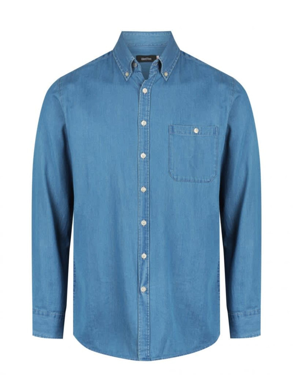 A blue long sleeve button-up shirt with a chest pocket and a collar. It features a logo on the tag.