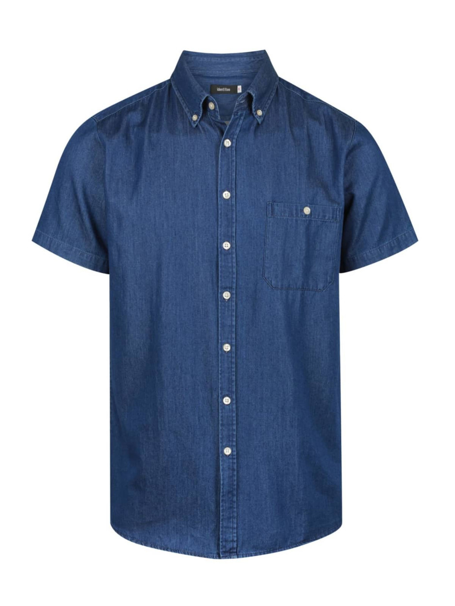 A blue denim short sleeve button-up shirt with a chest pocket and a collar. It features a logo on the tag.