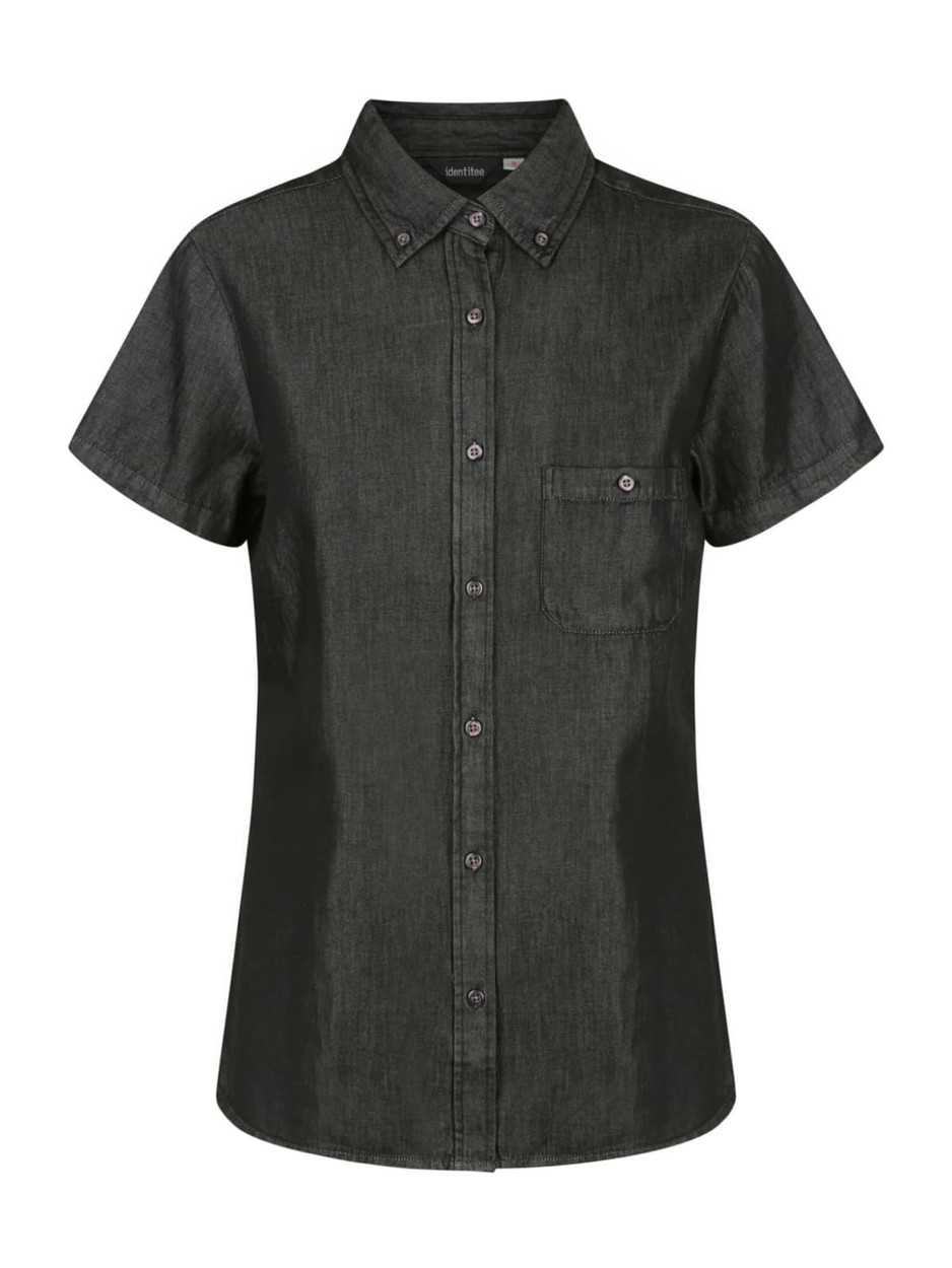 A short-sleeve button-up shirt in a dark green shade with a chest pocket and a logo.