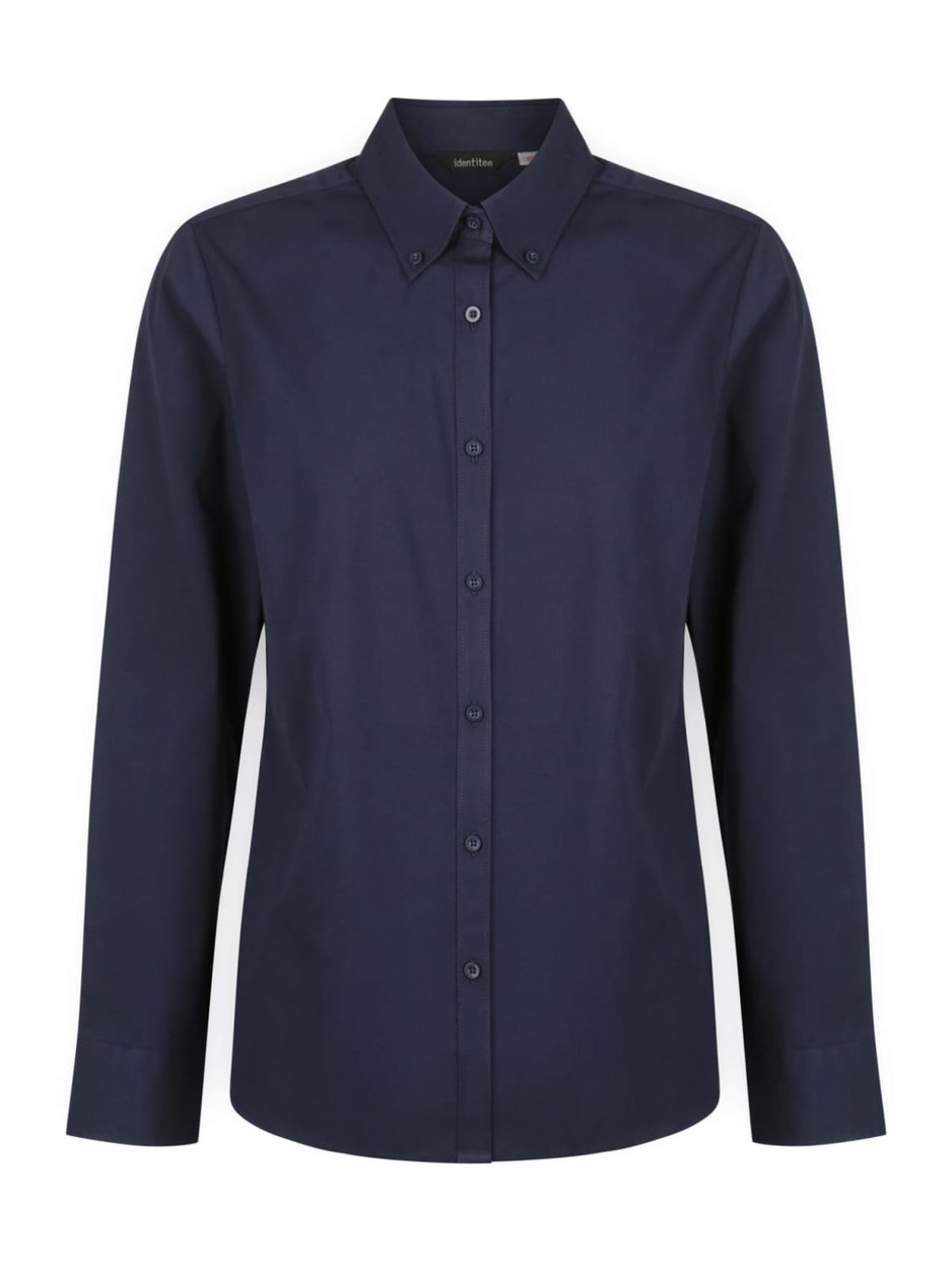 A ladies long sleeve button-up shirt in navy blue, featuring a collar and front buttons. It has a logo on the label.