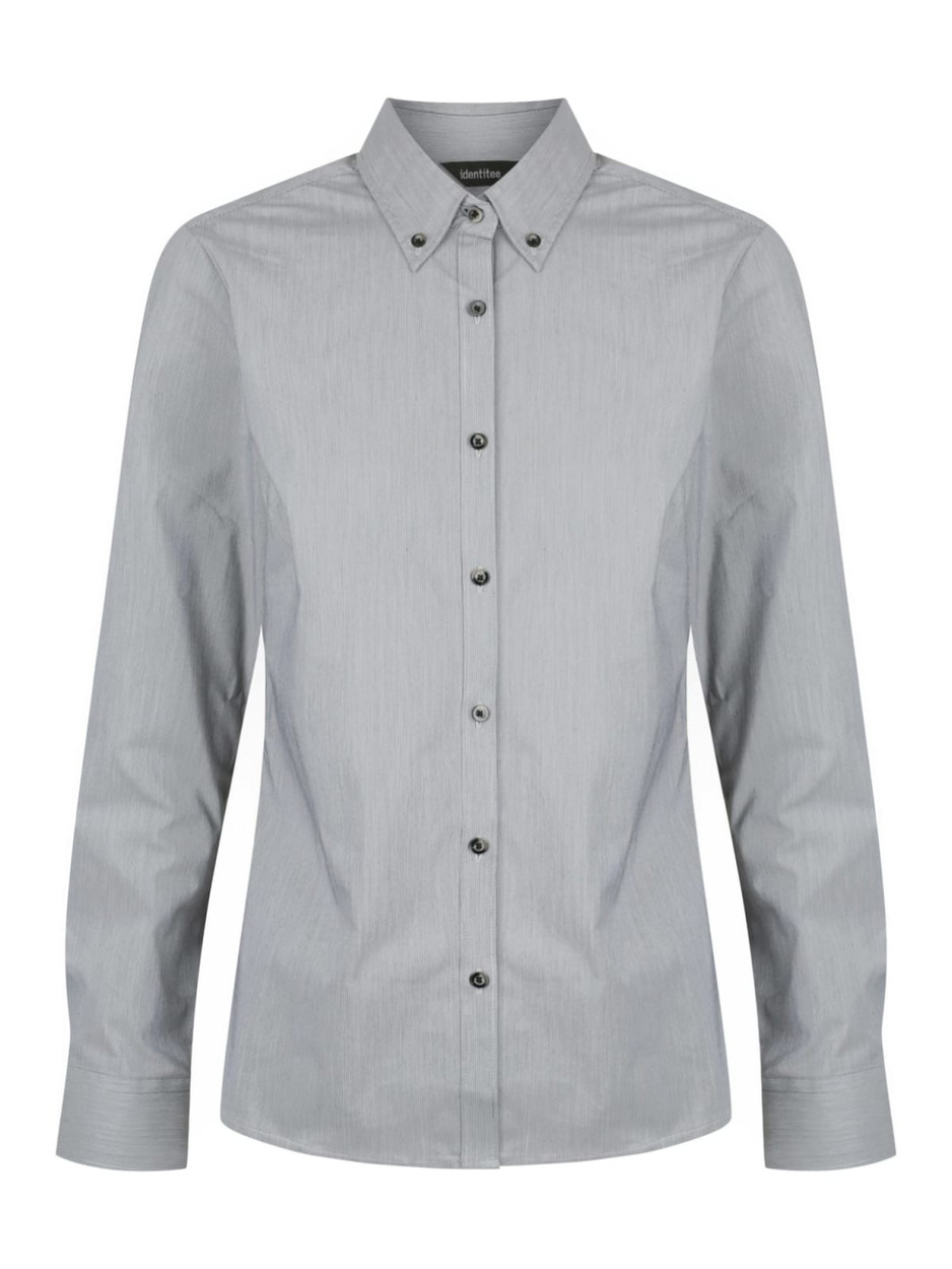 A long sleeve button-up shirt in light grey with a collar and buttons down the front, featuring a brand logo.